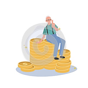 Positive Senior Lifestyle, Elderly man Gives Thumbs Up on Currency Stack. Flat vector cartoon illustration