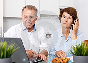 Positive senior man and woman with phone at laptop in home interior