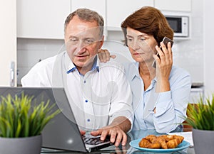 Positive senior man and woman with phone at laptop in home interior