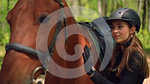 Positive slim young woman caressing brown horse in sunshine in forest. Portrait of charming Caucasian female equestrian