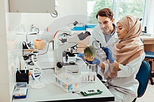 Positive smart scientists working together in the lab