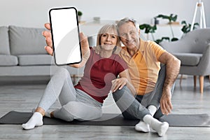 positive sporty pensioners training at home, using mobile app