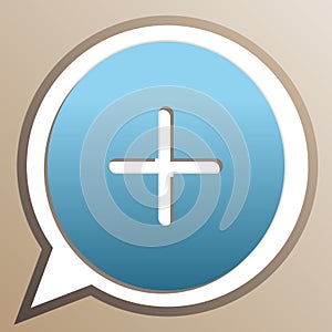 Positive symbol plus sign. Bright cerulean icon in white speech balloon at pale taupe background. Illustration