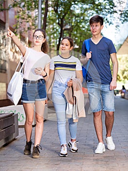 Positive teens walk along spring street