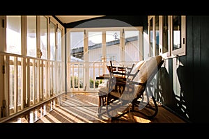 Positive thinking concept. Wicker chairs or Rattan chair Light of the old wooden windows falls on Wicker chairs or Rattan