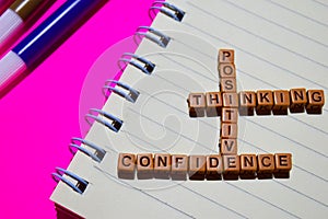 Positive thinking confidence message written on wooden blocks. Motivation concepts. Cross processed image