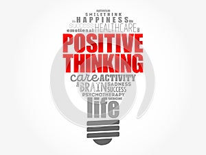 Positive thinking light bulb word cloud collage, health concept background