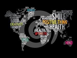 Positive thinking word cloud in shape of world map