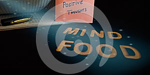 positive thoughts mind food text presenting on dark abstract background