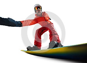 Positive vibes. Portrait of active man, snowboarder in uniform riding on snowboard  over white studio background