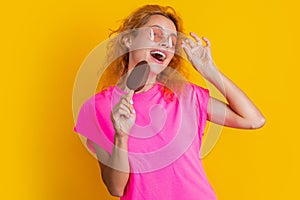 positive woman with icelolly ice cream on background. photo of woman with icelolly ice cream