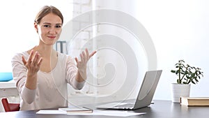 Positive Woman Inviting to Join at Work in Office, Smiling