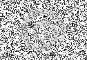 Positive words doodle pattern, lots of hand drawn elements and sayings. Smile, be happy, shine - handwriting text