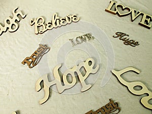 positive words scattered. Spread love, peace, hope, trust, hugs,