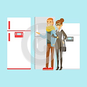 Positive young family couple choosing fridge. Appliance store colorful vector Illustration