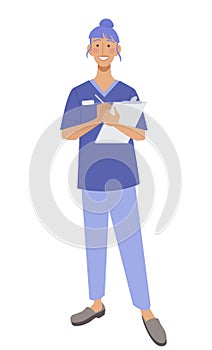 A positive young female nurse in medical uniform. Medical clinic staff. Isolated on white vector illustration.