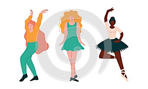 Positive Young Girl Dancing Moving Hands and Legs to Music Rythm Vector Set