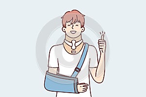 Positive young guy with broken arm and orthopedic collar shows thumb up. Vector image