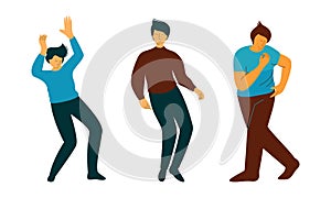 Positive Young Guy Dancing Moving Hands and Legs to Music Rythm Vector Set