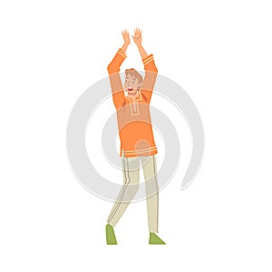 Positive Young Man Dancing Moving Body to Folk Music Rythm and Clapping Hands Vector Illustration