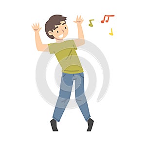 Positive Young Man Dancing Moving Hands and Legs to Music Rythm Vector Illustration
