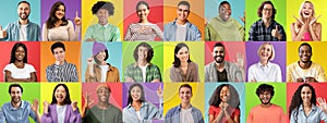 Positive Young Multiethnic Men And Women Posing Over Colorful Backgrounds
