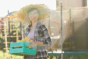 Positive young woman gardener holds box of lemons in her hands during the harvest at her firm copy space. Organic