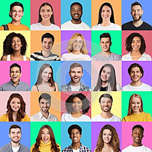 Positive youngsters posing on colorful studio backgrounds