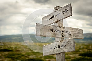 positively staying alive text engraved on old wooden signpost outdoors in nature. photo