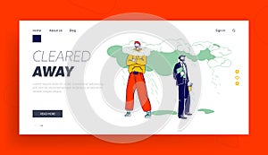 Positivity Landing Page Template. Happy Male Character in Bright Clothing Stand with Head in Clouds
