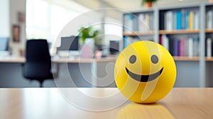 Positivity in the workplace demonstrated by a yellow smiling ball in the office interior, promoting a positive work environment