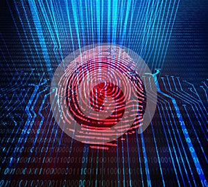 Access and security data analysis for human biometric identification. Digital machine red fingerprint verification. 3d illustratio photo