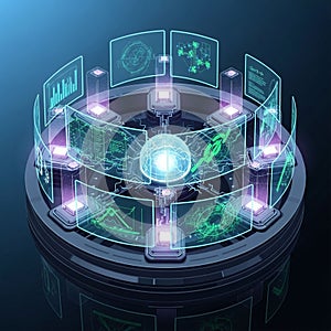 Possibly an AI or data analysis system within a sleek dark environment