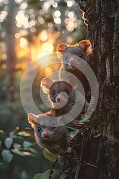 Possum family in the forest with setting sun shining.