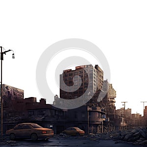 post apocalypse city in ruins with a destroyed street crossing into the horizon. Isolated transparent PNG background.