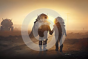 Post apocalypse or postapocalypse concept. Robots holding hands in wasteland, generative AI photo
