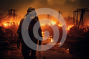 Post apocalypse, scary apocalyptic scene with person in gas mask and fire