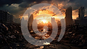 Post apocalypse view, apocalyptic scene of destroyed city at sunset