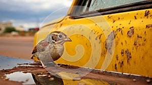 Post-apocalyptic Auto Body Works: A Crimson And Amber Bird On A Ratty Old Car