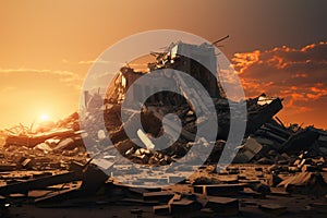 Post apocalyptic background image of desert city wasteland with abandoned and destroyed buildings, cracked road and sign