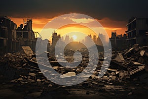 Post apocalyptic background image of desert city wasteland with abandoned and destroyed buildings, cracked road and sign