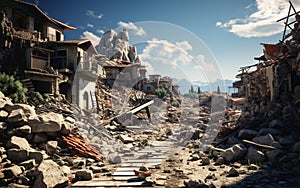 Post apocalyptic background image of desert city wasteland with abandoned and destroyed buildings, cracked road and sign