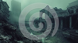 Post apocalyptic background image of desert city wasteland with abandoned and destroyed buildings, cracked road and sign