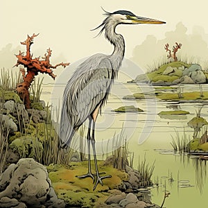 Post-apocalyptic Blue Heron Illustration On Rocks Near Water