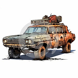 Post-apocalyptic Car Illustration With Detailed Character Design