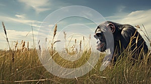 Post-apocalyptic Chimpanzee: A Captivating Image Of A Chimp Grazing In A Desolate Field photo