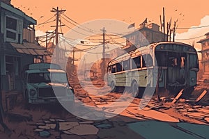 Post-apocalyptic city with abandoned and destroyed buildings. Generative AI