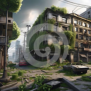 Post-Apocalyptic Cityscape with Overgrown Buildings and Cars