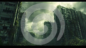 Post-apocalyptic cityscape with overgrown buildings under stormy skies. conceptual dystopian scene. urban exploration