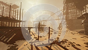 Post apocalyptic concept environment, destroyed buildings in ruined city. 3D illustration